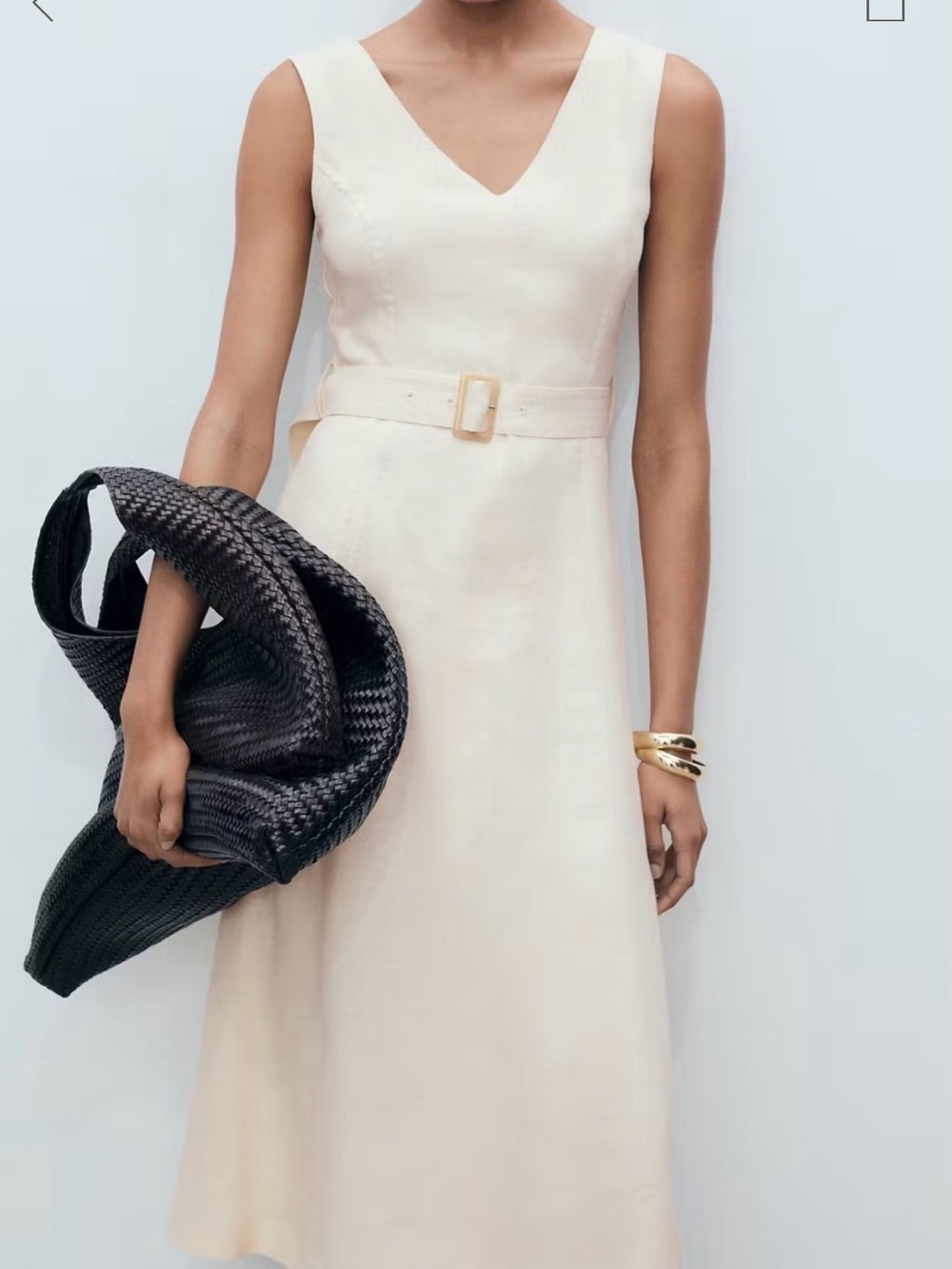 Mango Cream V-Neck Sleeveless Midi Dress with Belt